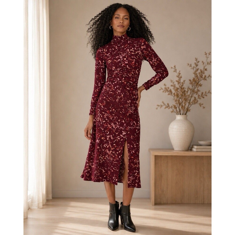 bcbg Women’s Burgundy Floral Midi mock Stretch ruched Dress Size 4 NWT